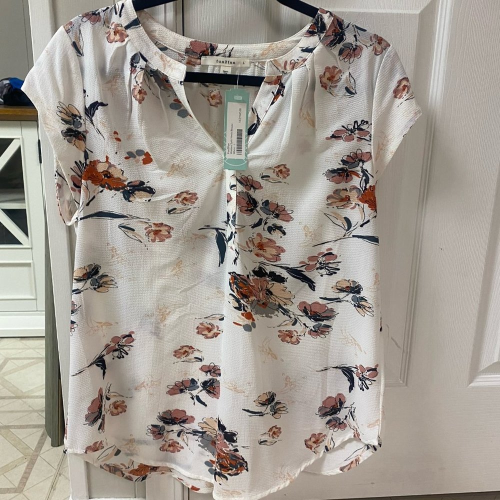 White with Floral Split Neck Blouse